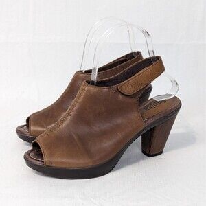 Sanita Womens 38 US 7.5 Bliss Bali Brown Leather Slingback Peep Toe Clogs Heels